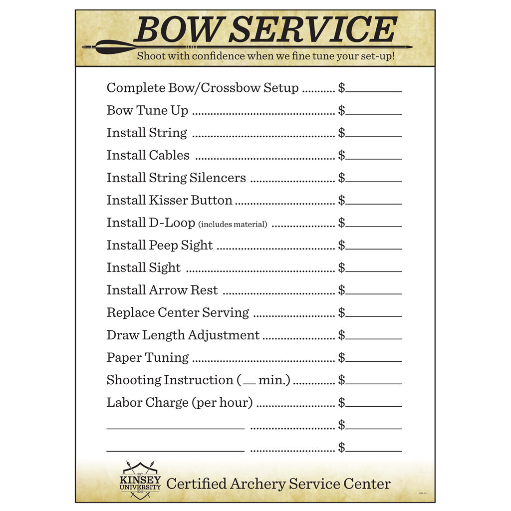 Kinsey's Bow Service Price Chart